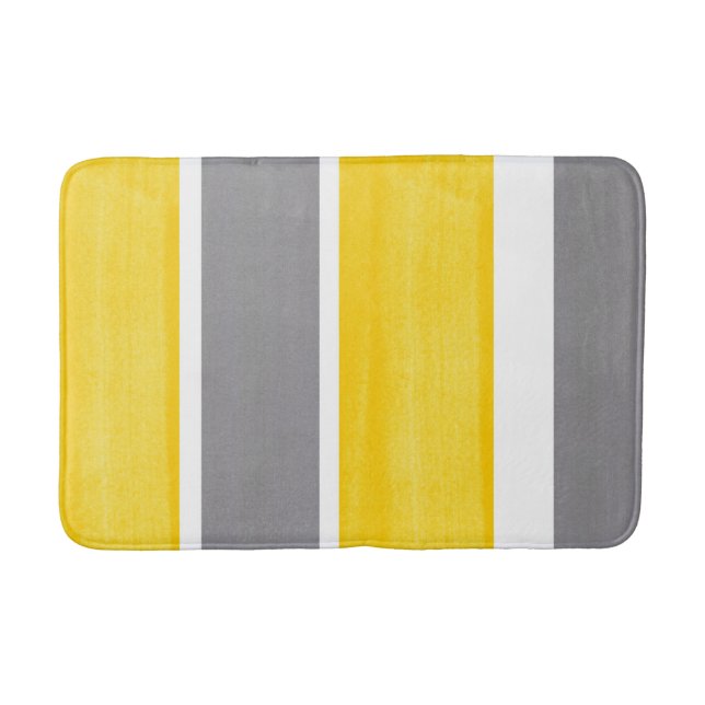 Yellow Grey White Stripes Modern 2 Bath Mat (Front)