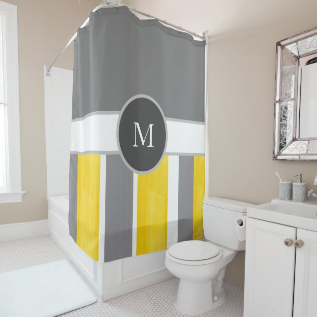 Yellow Grey White Stripes Modern 2 Shower Curtain (In Situ)