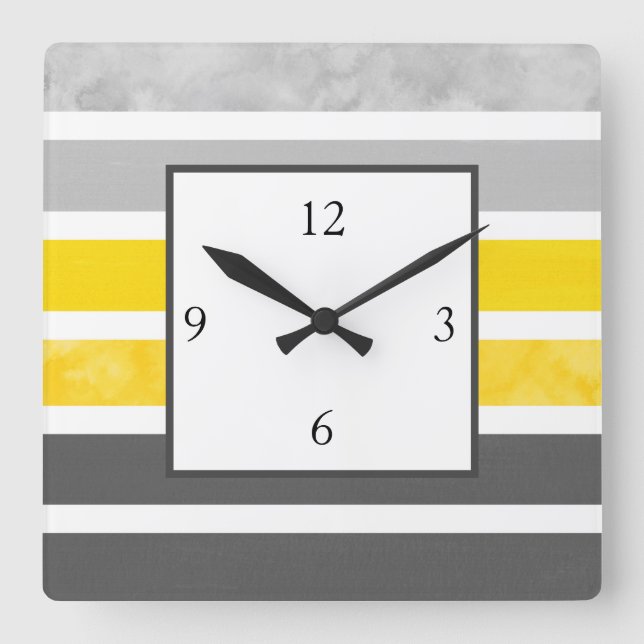 Yellow Grey White Stripes Square Wall Clock (Front)