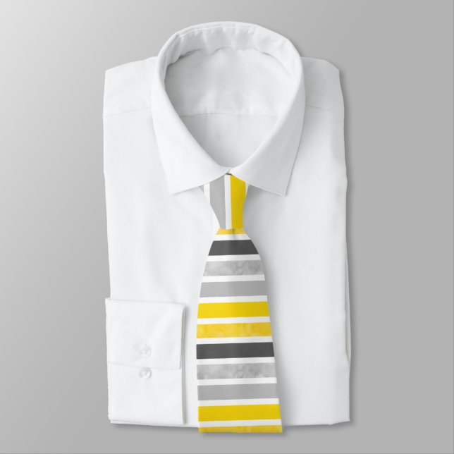 Yellow Grey White Stripes Tie (Tied)