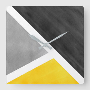 Yellow Grey White Watercolor Block Square Wall Clock