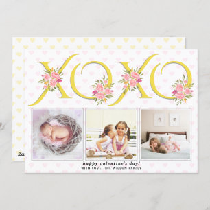 Yellow, grey XOXO Pink roses photo Valentines Day Holiday Card