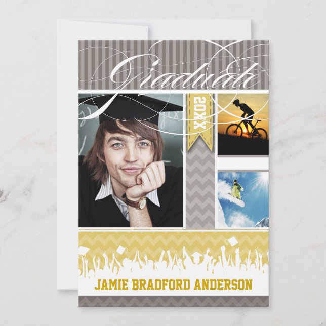 Yellow Grey Zig Zag Senior 3 Pictures Class of Announcement (Front)