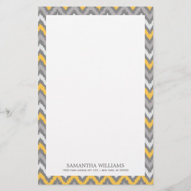 Yellow Grey Zigzag Ikat Pattern Stationery (Front)