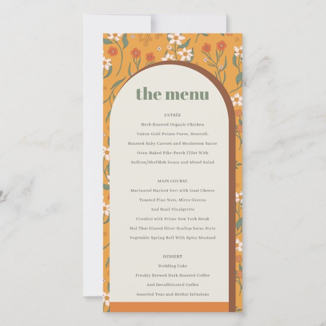 Yellow Groovy Retro Arch Floral Wedding Menu Card (Front)