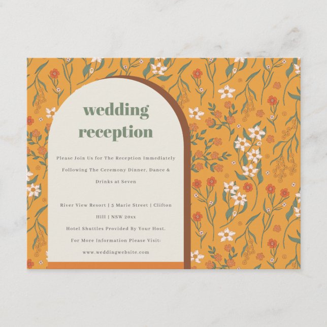 Yellow Groovy Retro Arch Floral Wedding Reception Enclosure Card (Front)