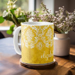 Yellow Grunge Damask Pattern with Custom Text Coffee Mug<br><div class="desc">A vintage pattern with a trendy design with jewel tone colours and elegance. Items are easier to customise when you replace all text and photos first. If your art still needs to be adjusted, click on the Customise This button. This will take you to a design area where you can...</div>