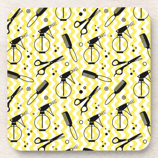 Yellow Hairdresser Tool Pattern Coaster (Front)