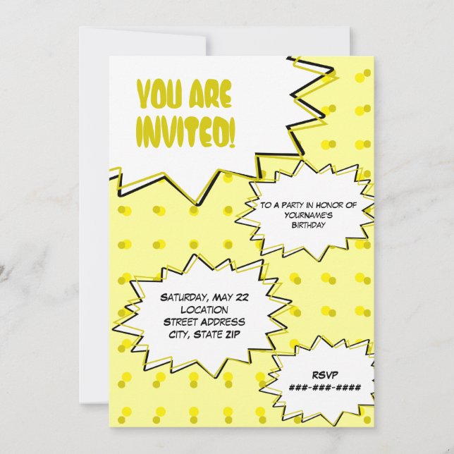 Yellow Halftone Pop Art Comic Inspired Invitation (Front)