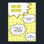 Yellow Halftone Pop Art Comic Inspired Invitation<br><div class="desc">A pop art inspired part invitation featuring a yellow background with yellow halftone pattern.  Personalise with details of your event inside the 4 white comic inspired action designs.  Opposite side reads "PARTY!" inside white design.  Look for matching items such as postage in the "Pop Art" category of Jill's Paperie.</div>
