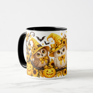 Yellow Halloween Owls Pumpkins & Sunflowers Mug