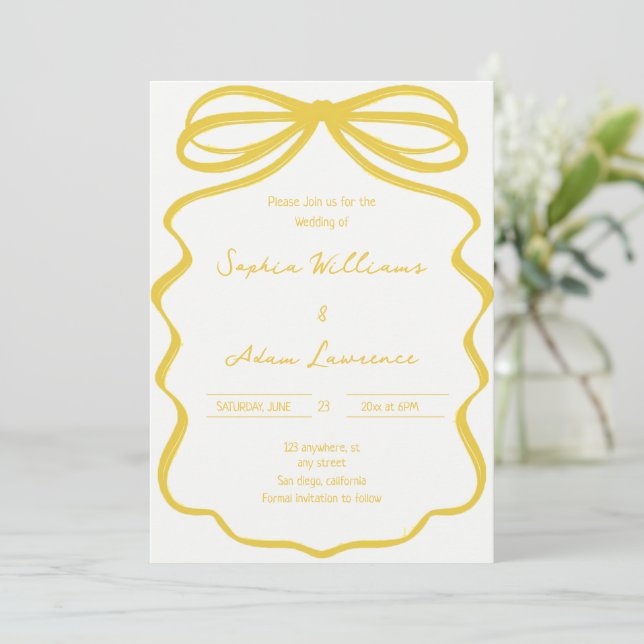 Yellow Hand Written Pinstripes Whimsical Wedding Invitation (Standing Front)