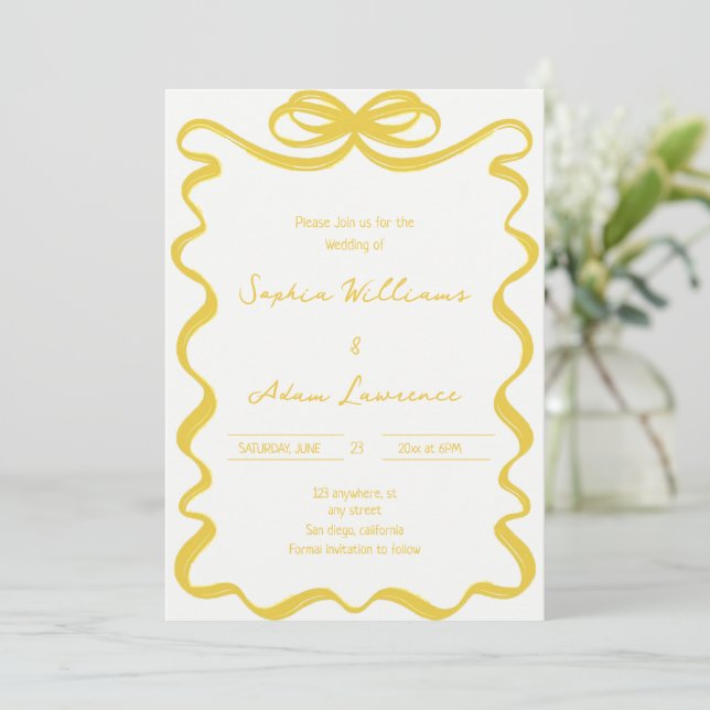 Yellow Hand Written Pinstripes Whimsical Wedding Invitation (Standing Front)