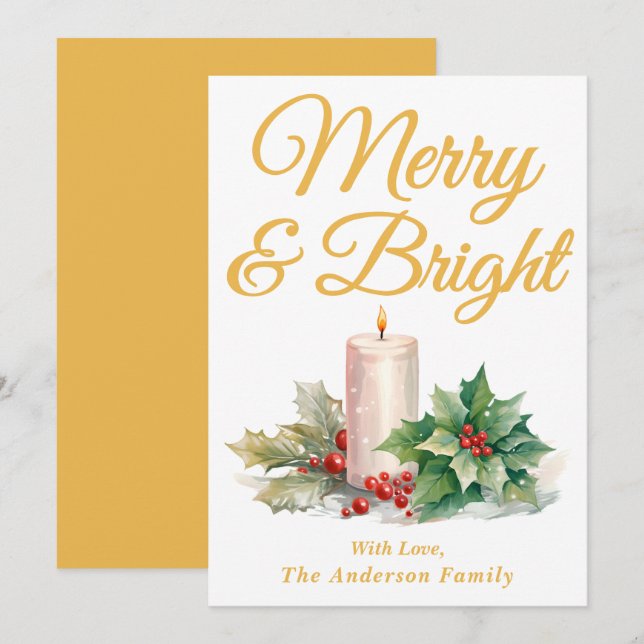 Yellow Handwritten Script Merry & Bright Holiday Card (Front/Back)
