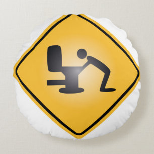 Yellow hangover warning sign round pillow
