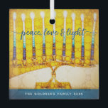 Yellow Hanukkah Menorah Peace Love Light Script  Glass Tree Decoration<br><div class="desc">“Peace, love & light.” A close-up digital photo illustration of a bright, colourful, yellow and gold artsy menorah, with your personalised name, helps you usher in the holiday of Hanukkah in style. Feel the warmth and joy of the holiday season whenever you hang up this stunning, colourful Hanukkah custom keepsake...</div>