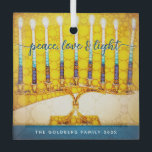 Yellow Hanukkah Menorah Peace Love Light Script  Glass Tree Decoration<br><div class="desc">“Peace, love & light.” A close-up digital photo illustration of a bright, colourful, yellow and gold artsy menorah, with your personalised name, helps you usher in the holiday of Hanukkah in style. Feel the warmth and joy of the holiday season whenever you hang up this stunning, colourful Hanukkah custom keepsake...</div>