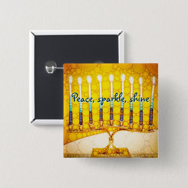 Yellow Hanukkah Menorah Peace Sparkle Shine Script 15 Cm Square Badge (Front & Back)