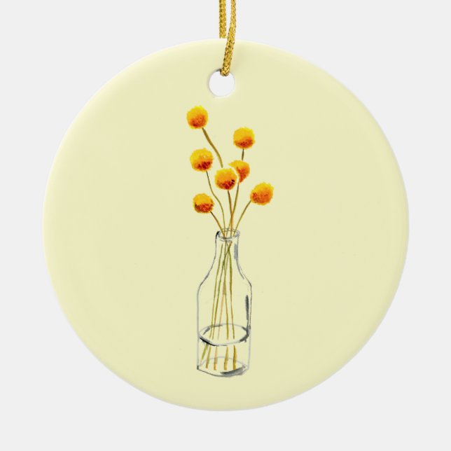 Yellow happy Billy Button flowers Australian art Ceramic Tree Decoration (Front)