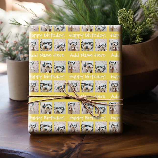 Yellow Happy Birthday Name 6 Square Photo Collage Wrapping Paper (Personalized Birthday Photo Wrapping Paper)
