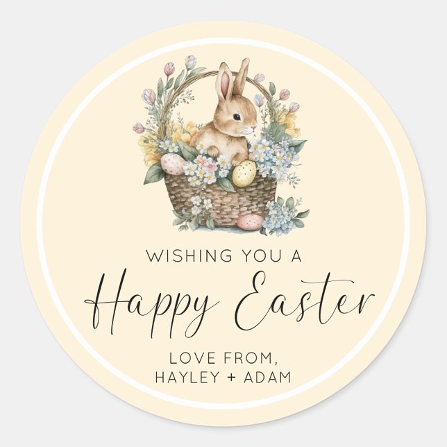 Yellow Happy Easter Bunny Classic Round Sticker (Easter Bunny Sticker)