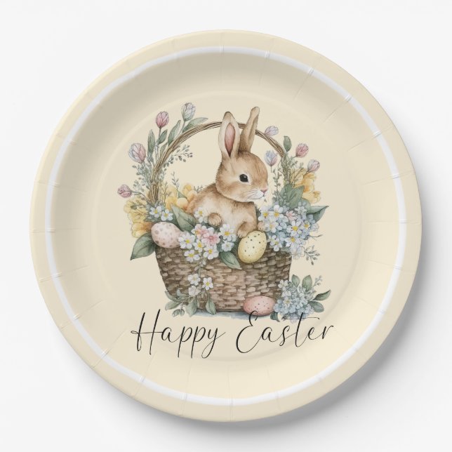 Yellow Happy Easter Bunny Paper Plate (Front)