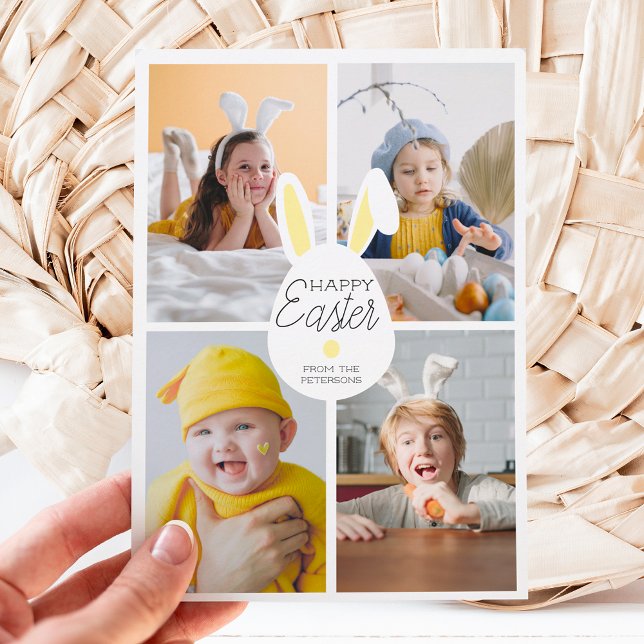 Yellow happy Easter ears eggs 4 photos collage Holiday Card (Creator Uploaded)
