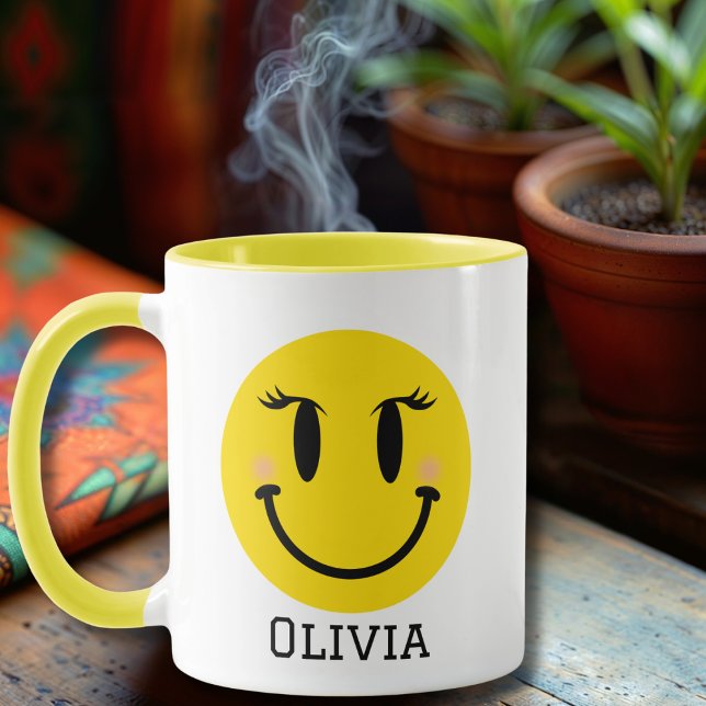 Yellow Happy Girly Face, Fun Personalised Mug (Creator Uploaded)