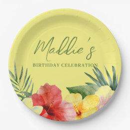 Yellow Hawaiian Floral Birthday Paper Plate
