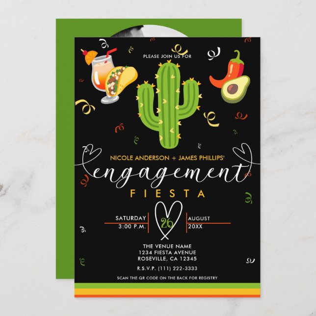 Yellow Heart Cactus Fiesta Love Engagement Party Invitation (Front/Back)