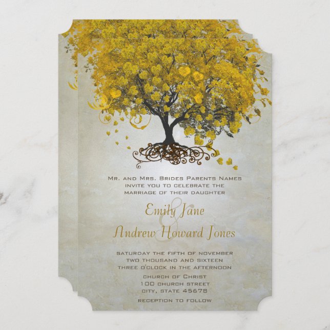 Yellow Heart Leaf Tree Wedding Invites (Front/Back)