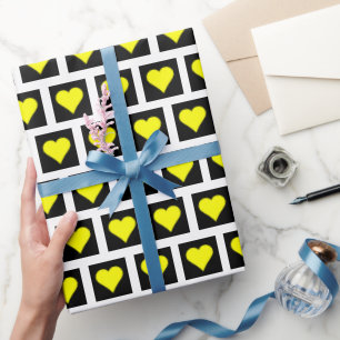Yellow Hearts Black Geometric Abstract Wrapping Paper