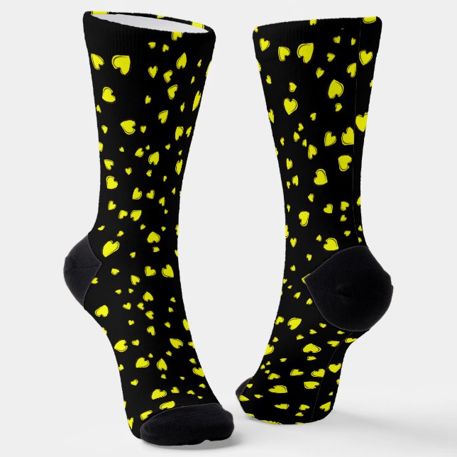 Yellow Hearts on Black Socks (Angled)