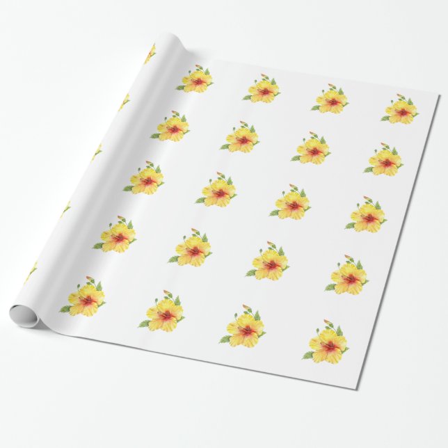 Yellow Hibiscus Botanical Art Wrapping Paper (Unrolled)