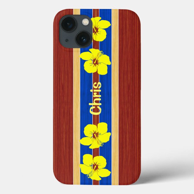 Yellow Hibiscus Fake Wood Surfboard Case-Mate iPhone Case (Back)