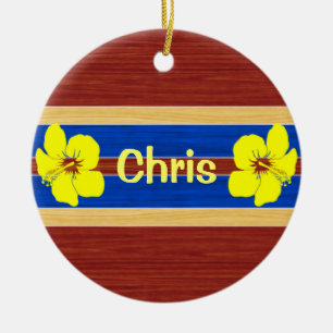 Yellow Hibiscus Fake Wood Surfboard Ceramic Tree Decoration