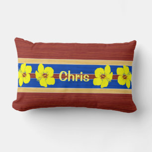 Yellow Hibiscus Fake Wood Surfboard Lumbar Cushion