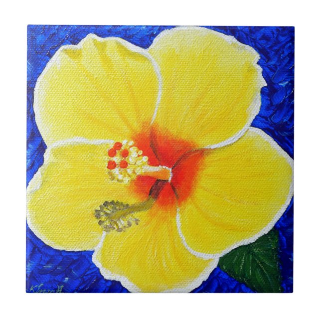 Yellow Hibiscus Flower Painting Tile (Front)