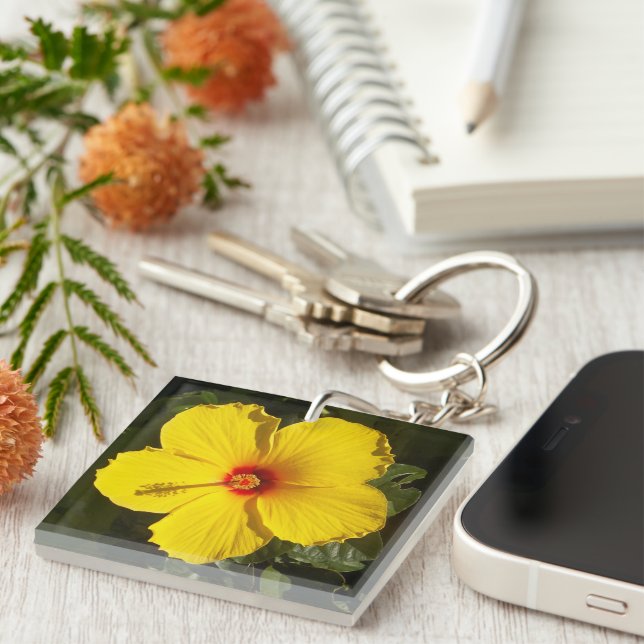 Yellow Hibiscus Flower Photo Key Ring (Front Right)