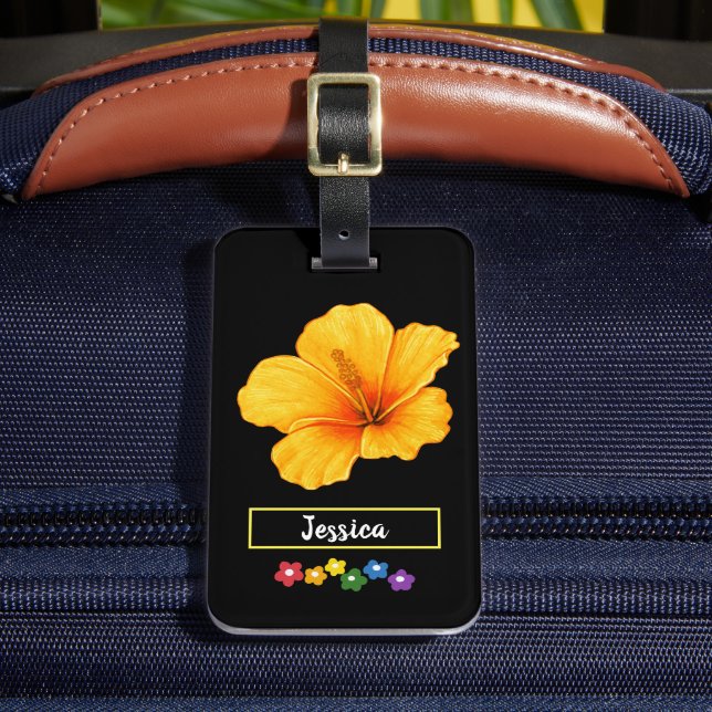 Yellow Hibiscus Flowers Luggage Tag (Front Insitu 2)