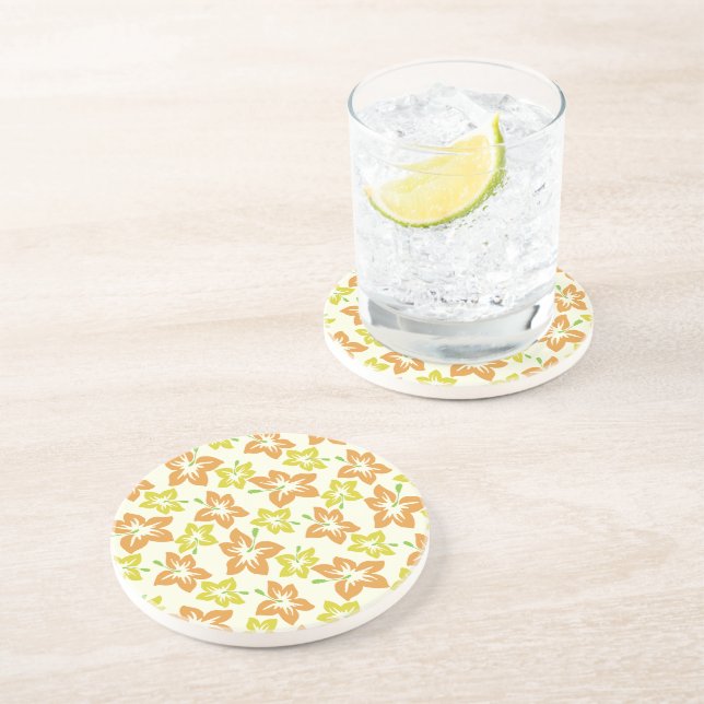 Yellow Hibiscus, Orange Hibiscus, Floral Pattern Coaster (Side)
