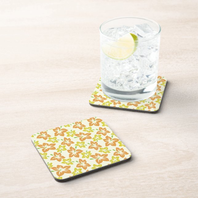 Yellow Hibiscus, Orange Hibiscus, Floral Pattern Coaster (Right Side)