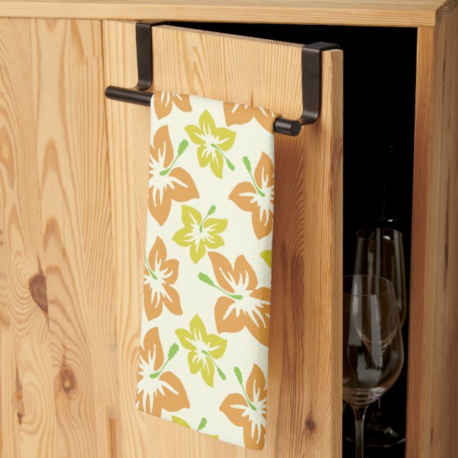 Yellow Hibiscus, Orange Hibiscus, Floral Pattern Tea Towel (Thirds Fold)