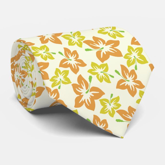 Yellow Hibiscus, Orange Hibiscus, Floral Pattern Tie (Rolled)
