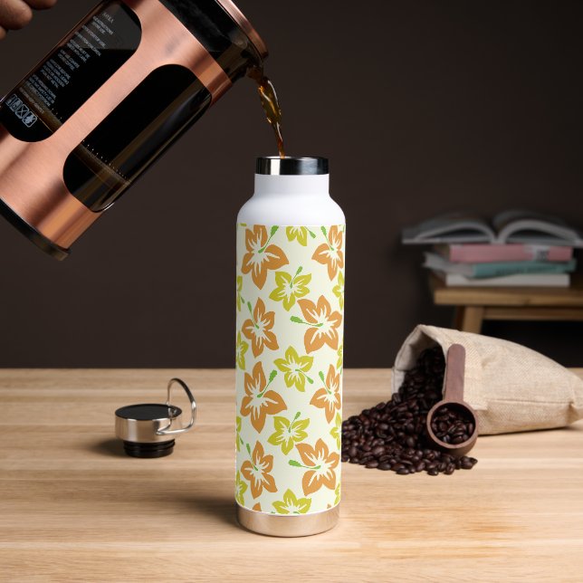 Yellow Hibiscus, Orange Hibiscus, Floral Pattern Water Bottle (Coffee)