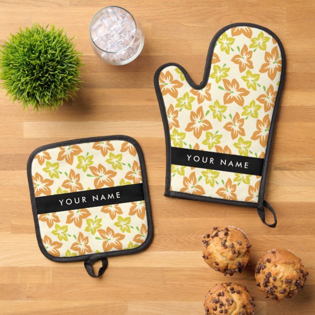 Yellow Hibiscus, Orange Hibiscus, Your Name Oven Mitt & Pot Holder Set (Top Down)