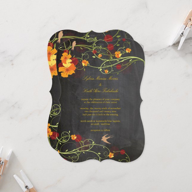Yellow Hibiscus Swallows Floral Chalkboard Wedding Invitation (Front/Back In Situ)