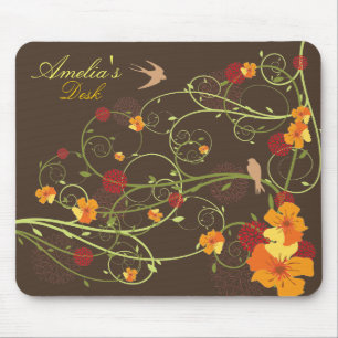 Yellow Hibiscus Swirls And Swallows Elegant Floral Mouse Pad
