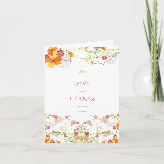 Yellow Hibiscus Swirls & Swallows Floral Wedding T Thank You Card (Front)