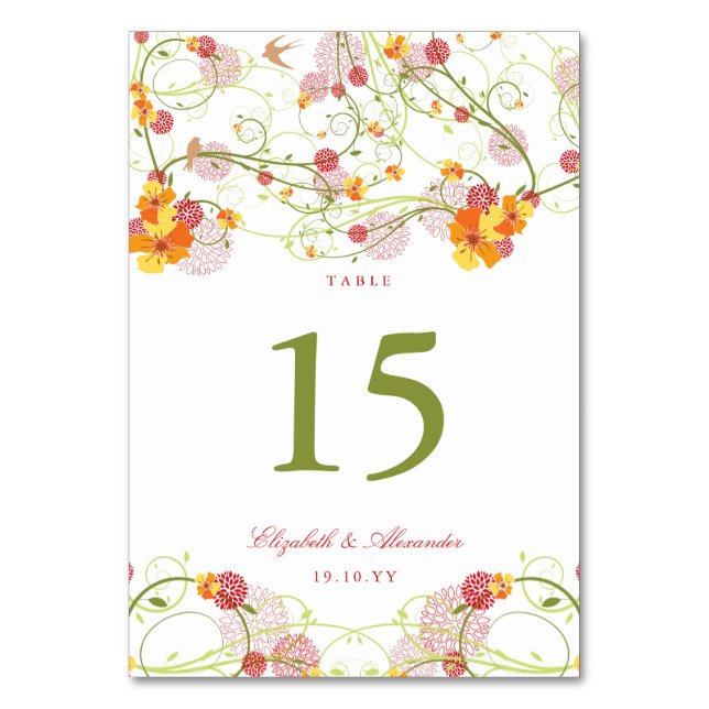 Yellow Hibiscus Swirls & Swallows Floral Wedding Table Number (Front)